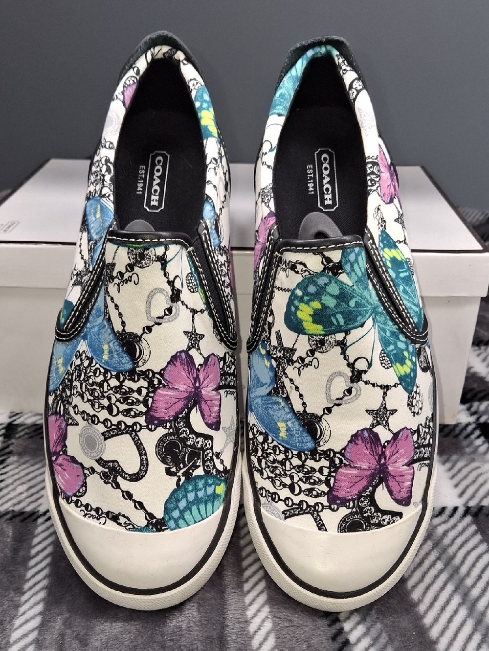 Vintage Coach Slip-On Sneakers in White with Blue, Pink & Teal Butterfly Print